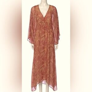 Alice + Olivia Pink Silk Chiffon Long Dress Sz S Paisley Print V-Neck Slit Gown